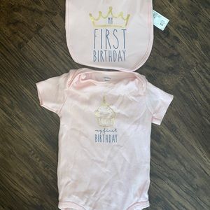 NWOT baby girl first birthday onesie and bib